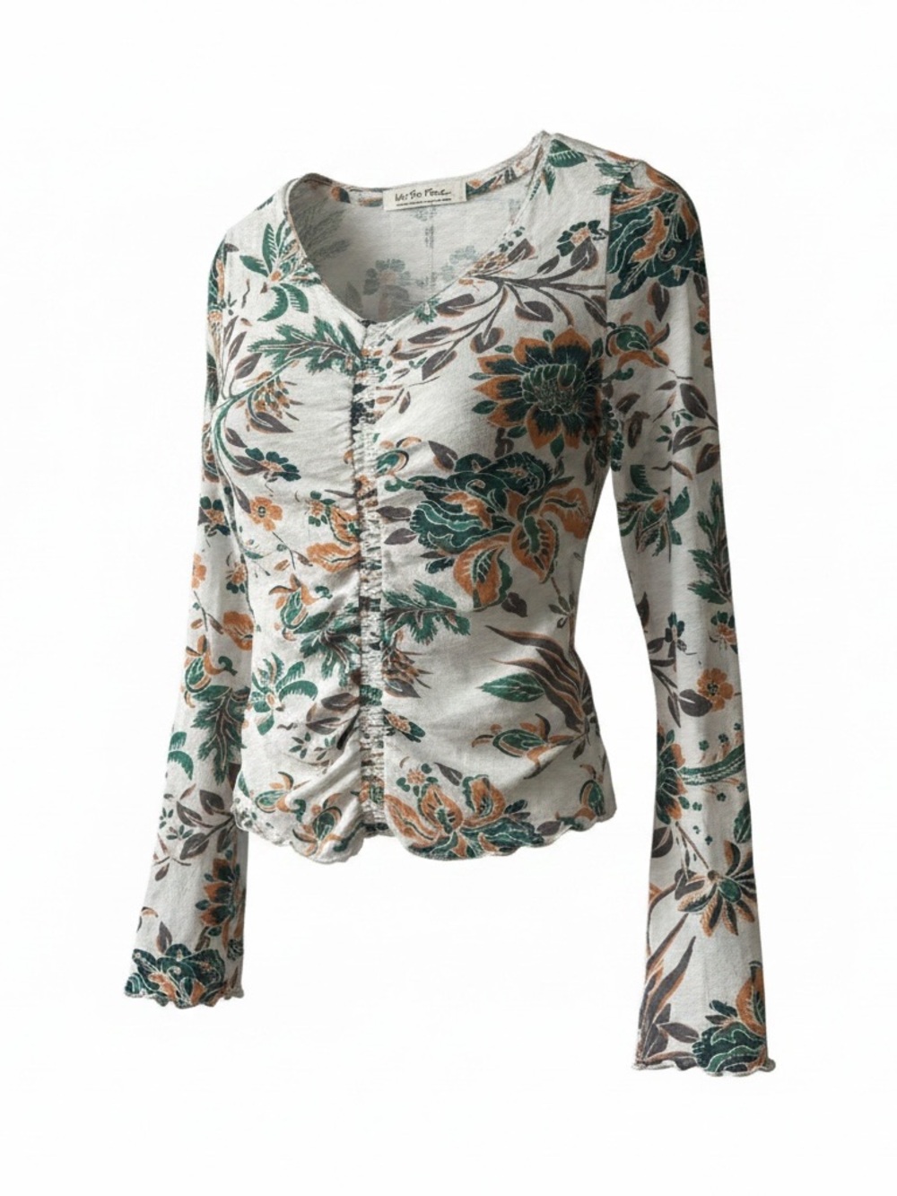 We The Free White Floral Button-Up Top with Green & Orange Print